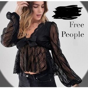 Free People M Lace Babydoll Blouse Black Sheer Baddie dark Coquette Y2K
